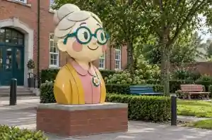 Three-quarter view of a 1.6 m cartoon bust built from stacked flat layered paper-like shapes