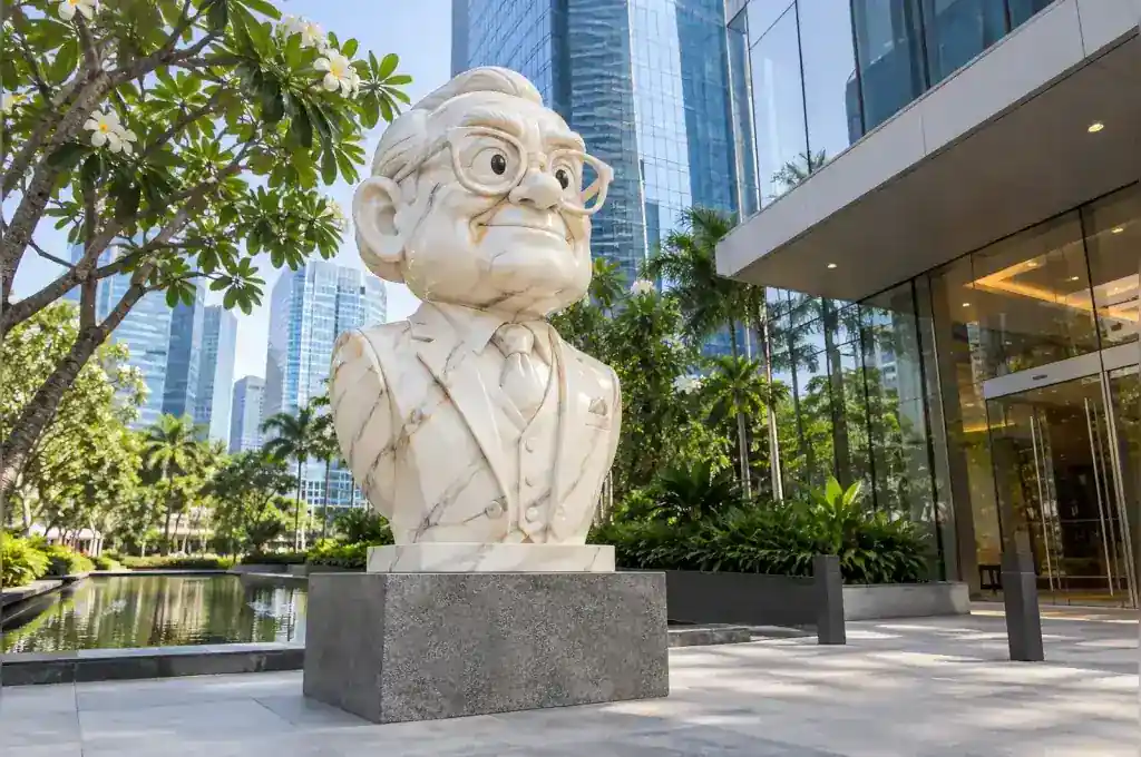Faux marble painted cartoon bust of a founding law partner in a Singapore office plaza