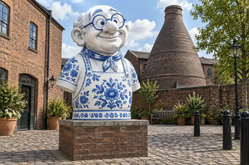 Porcelain style cartoon bust of a master potter in the garden of a Stoke-on-Trent pottery museum