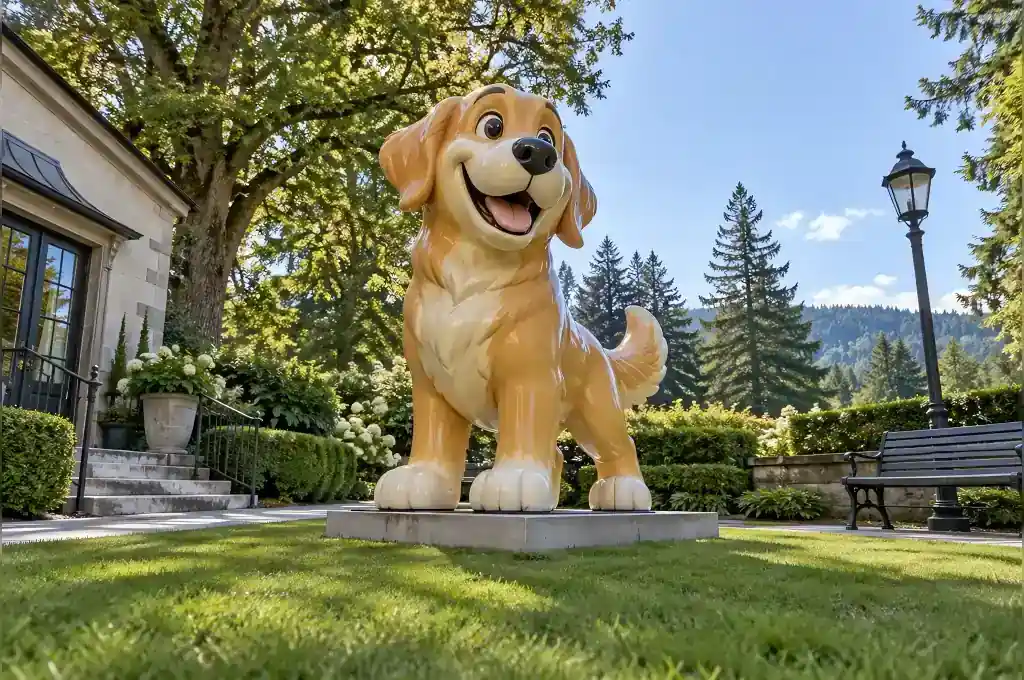 Life-size cartoon golden retriever sculpture in gloss-painted fibreglass, installed in a garden in Bend, Oregon