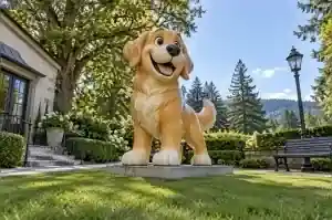 Life-size cartoon golden retriever sculpture in gloss-painted fibreglass, installed in a garden in Bend, Oregon