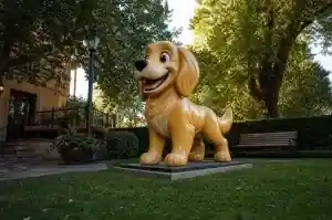 Three-quarter view of a life-size cartoon golden retriever fibreglass sculpture on a plinth in an Oregon garden