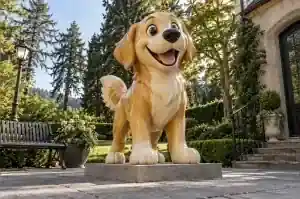 Detail of the painted face of a life-size cartoon golden retriever fibreglass sculpture