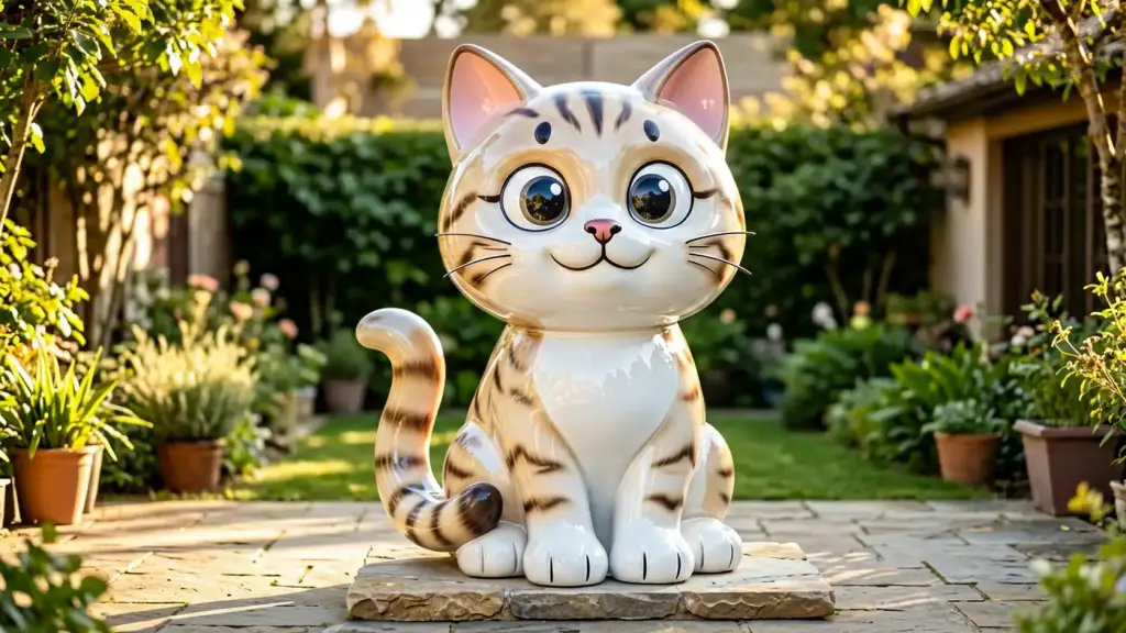 A large cartoon cat sculpture in gloss-painted fibreglass, sitting on a stone plinth in a garden courtyard with soft hand-painted tabby markings.
