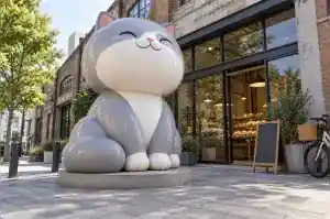 Vinyl toy style cartoon cat sculpture in glossy fibreglass outside a Seoul bakery