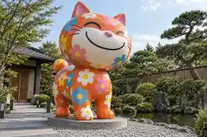Detail of the daisy flower pattern and curved smile on a cartoon cat sculpture