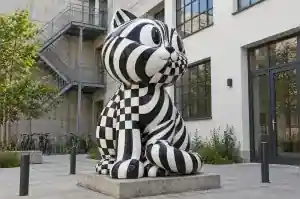 Three-quarter view of a 2.3 m cartoon cat sculpture in warping black and white stripes