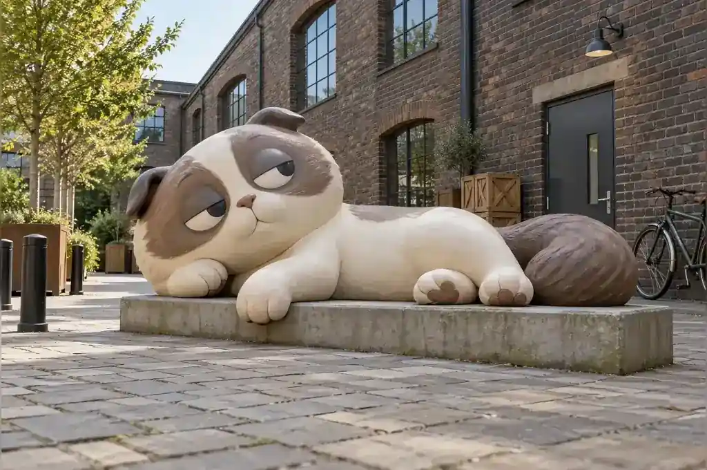 Clay-look cartoon ragdoll cat sculpture in a Bristol animation studio courtyard