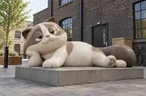 Three-quarter view of a 1.7 m cat sculpture with matte modelling-clay texture and fingerprint marks