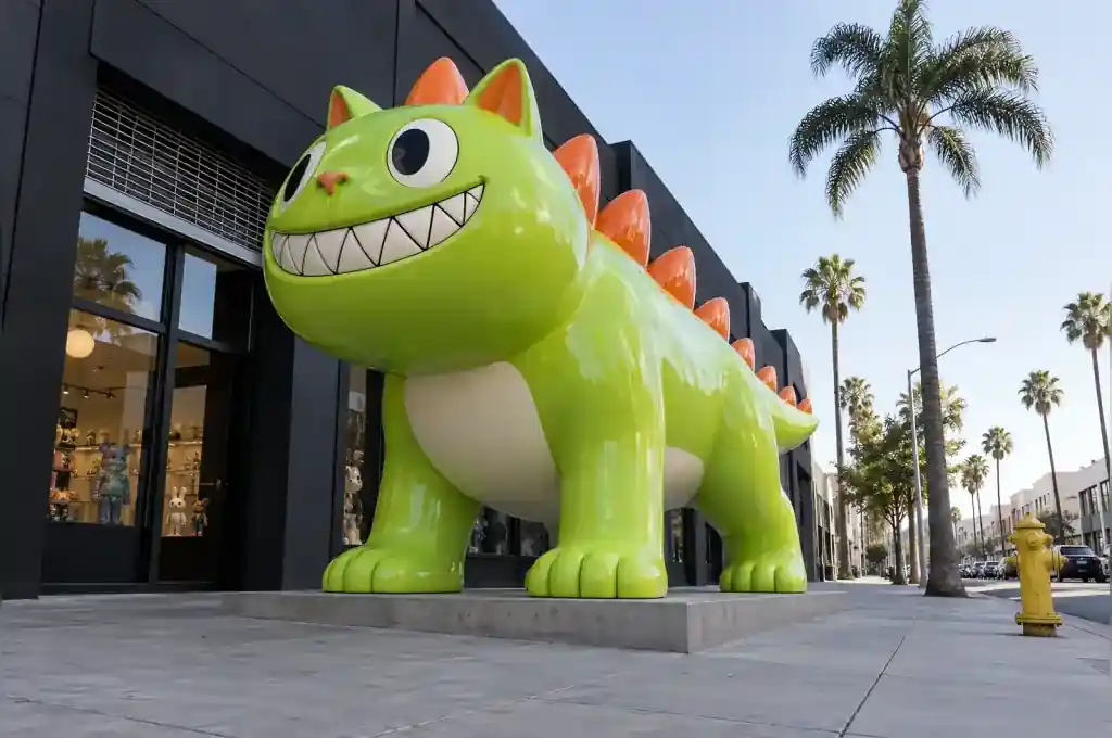 Kaiju toy style cartoon cat sculpture outside a Los Angeles designer toy store