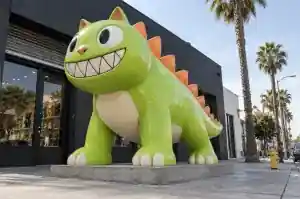 Three-quarter view of a 2.8 m cartoon cat sculpture with orange dorsal plates and a toothy grin
