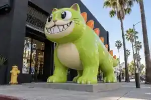 Detail of the spiky dorsal plates on the back of a lime green kaiju cartoon cat sculpture