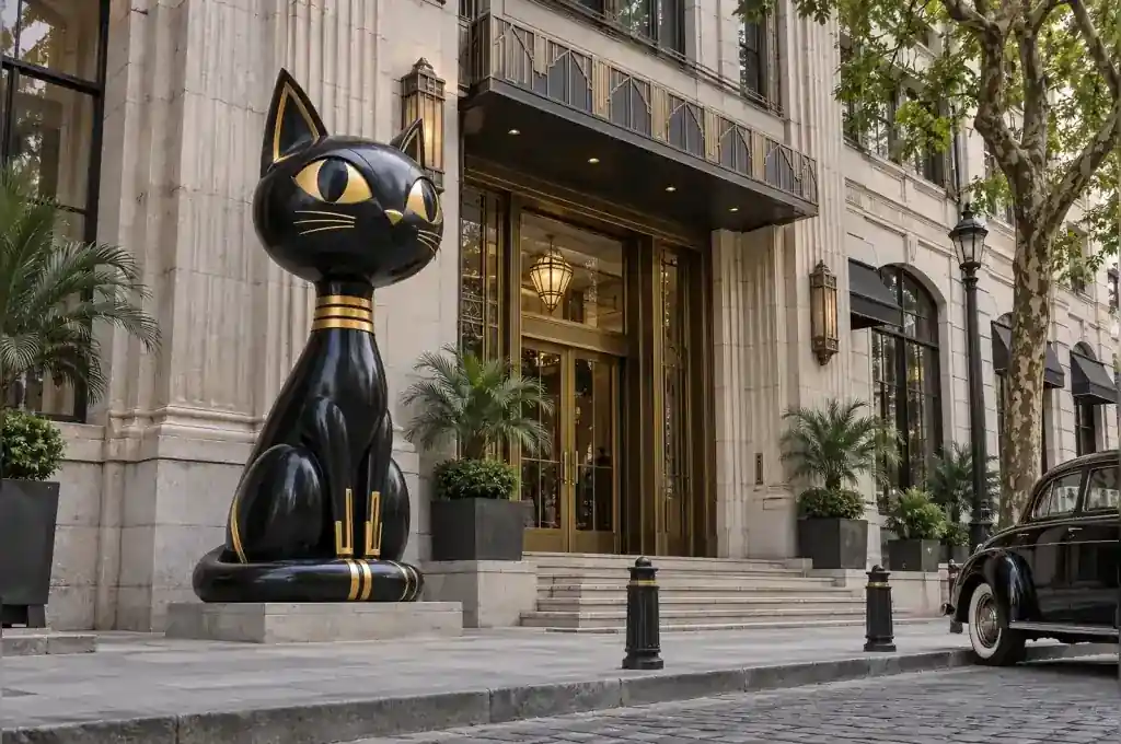 Art deco cartoon cat sculpture in black lacquer with gold accents at a Shanghai hotel entrance
