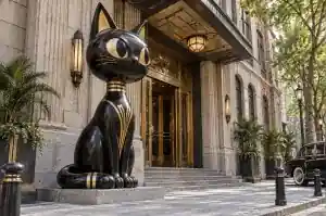 Three-quarter view of a 2.4 m art-deco styled cartoon cat sculpture with stepped geometric bands