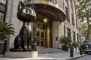 Detail of the gold-leaf accent bands on a black lacquered cartoon cat sculpture
