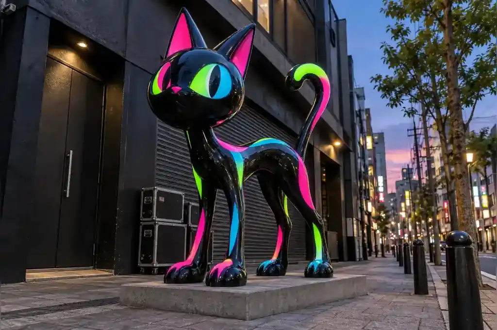 UV reactive neon cartoon cat sculpture outside an Osaka music venue at dusk