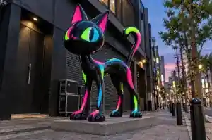 UV reactive neon cartoon cat sculpture outside an Osaka music venue at dusk