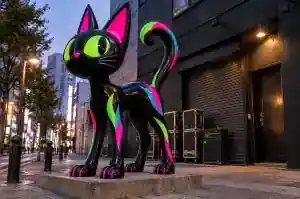 Three-quarter view of a 2.0 m cartoon cat sculpture glowing in fluorescent pink and acid green