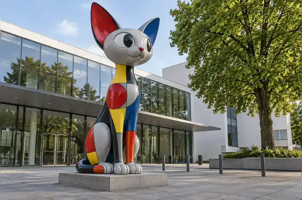 Bauhaus colour block cartoon sphynx cat sculpture in fibreglass outside a Dessau museum