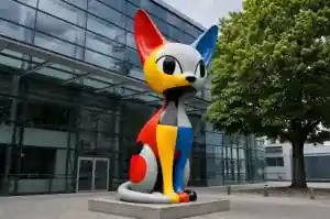Three-quarter view of a 2.6 m cartoon sphynx sculpture in red, yellow, blue and grey blocks