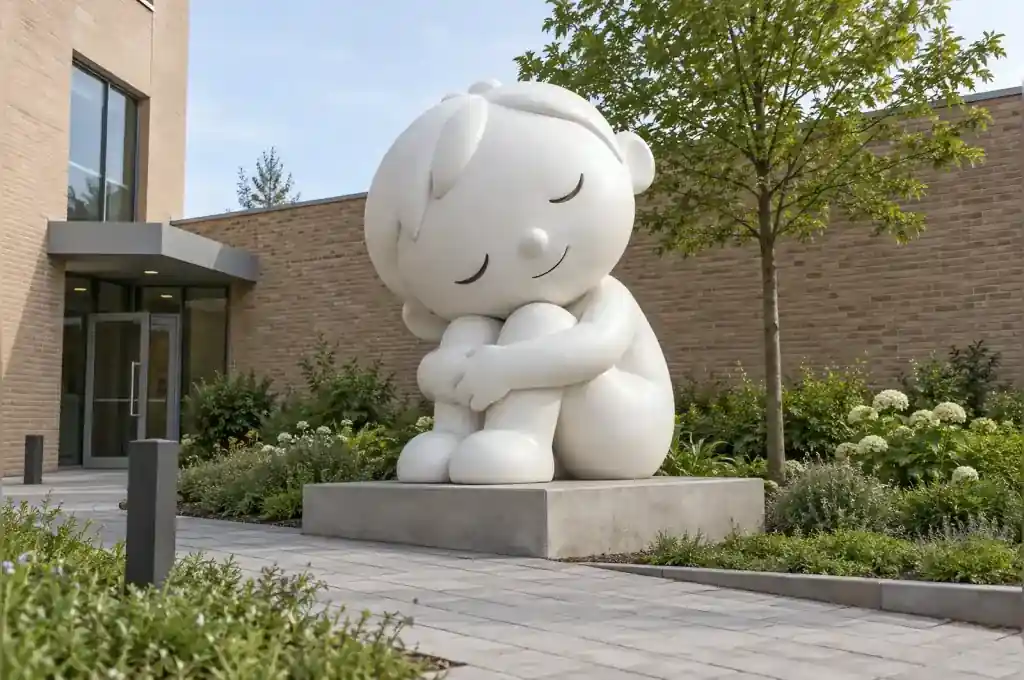 Matte chalk-white cartoon child sculpture in a children's hospital garden in Rotterdam