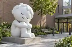 Three-quarter view of an unpatterned 1.7 m child figure sculpture in flat white