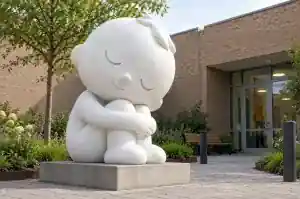 Detail of the soft rounded planes and clean shadow on a chalk-white child sculpture