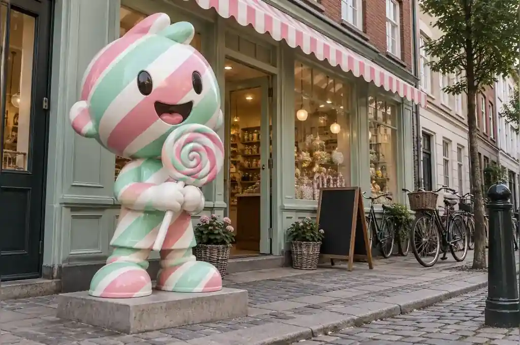 Candy-striped cartoon child sculpture outside a confectionery shopfront in Copenhagen