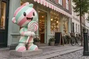 Candy-striped cartoon child sculpture outside a confectionery shopfront in Copenhagen