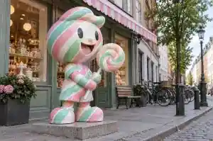 Three-quarter view of a 1.6 m child figure sculpture painted in glossy candy stripes