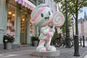Detail of the diagonal candy stripes and thin white edging on a cartoon child sculpture