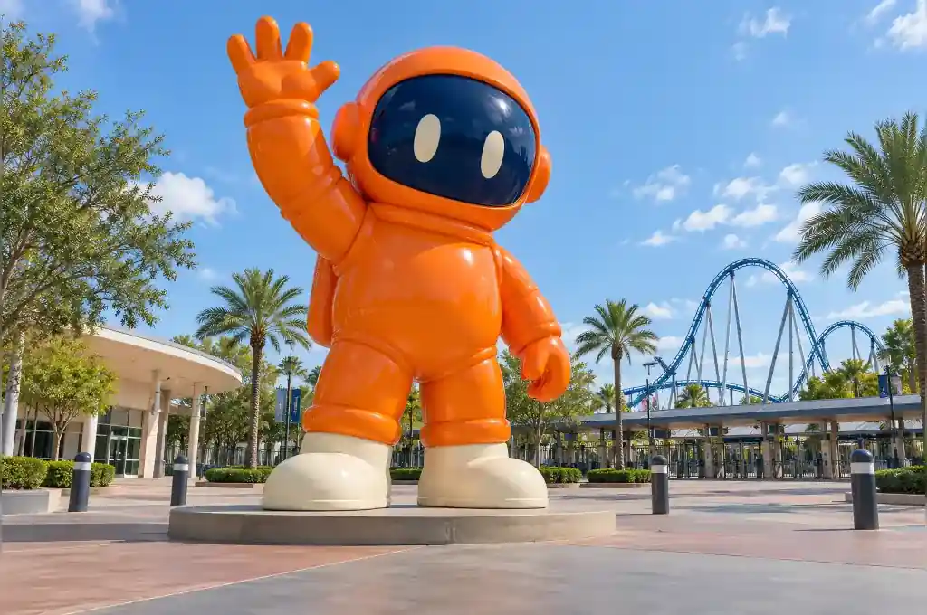 4 m cartoon astronaut sculpture waving in the middle of a theme park entrance plaza in Orlando
