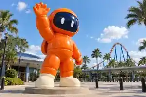 Three-quarter view of the tangerine painted fibreglass astronaut showing the wave and suit volumes