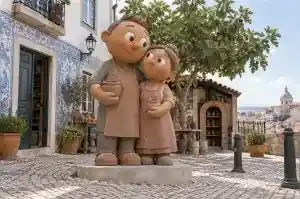 Clay look cartoon couple sculpture in a Lisbon pottery studio courtyard with fingerprint marks