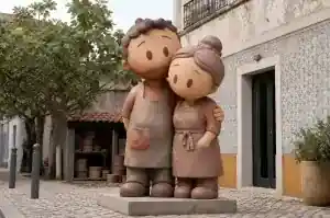 Detail of the thumb and finger marks on the shoulder of a clay-look cartoon couple sculpture