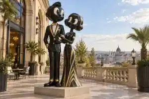 Art deco cartoon couple sculpture in black lacquer and gold on a Budapest hotel terrace