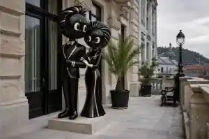 Three-quarter view of a 2.2 m art-deco styled cartoon couple with stepped fluted bands