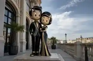 Detail of the gold-leaf accent bands on a black lacquered cartoon couple sculpture