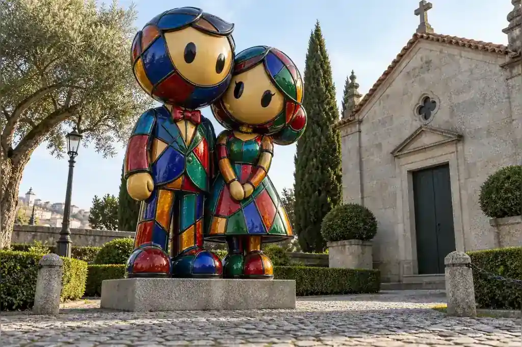 Stained glass style cartoon couple sculpture in a chapel garden in Porto