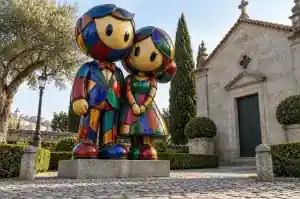 Stained glass style cartoon couple sculpture in a chapel garden in Porto