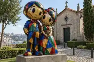 Three-quarter view of a 2.0 m cartoon couple sculpture divided by dark leaded lines into coloured panes