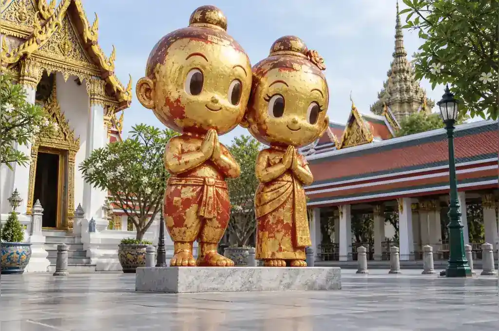 Gold leaf cartoon couple sculpture in a Bangkok temple courtyard with patchy hand-laid gold