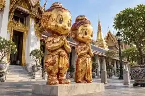 Three-quarter view of a 2.0 m cartoon couple sculpture covered in overlapping gold leaf squares