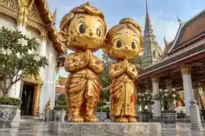 Detail of the hand-laid gold leaf squares and red bole showing through on a cartoon couple sculpture