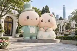Kawaii cartoon wedding couple sculpture in pastel fibreglass in a Taipei venue garden