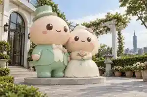 Three-quarter view of a 1.8 m plump cartoon wedding couple with blush cheeks