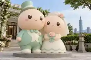 Detail of the blush cheek ovals and rounded heads on a kawaii cartoon wedding couple