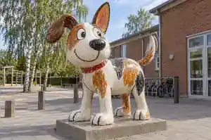 Three-quarter view of a 1.7 m dog sculpture with wobbly crayon-style outlines and waxy colour