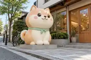 Kawaii cartoon shiba inu sculpture in pastel fibreglass outside a Tokyo boutique