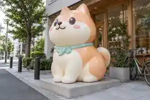 Three-quarter view of a plump pastel cartoon shiba inu sculpture with blush cheeks